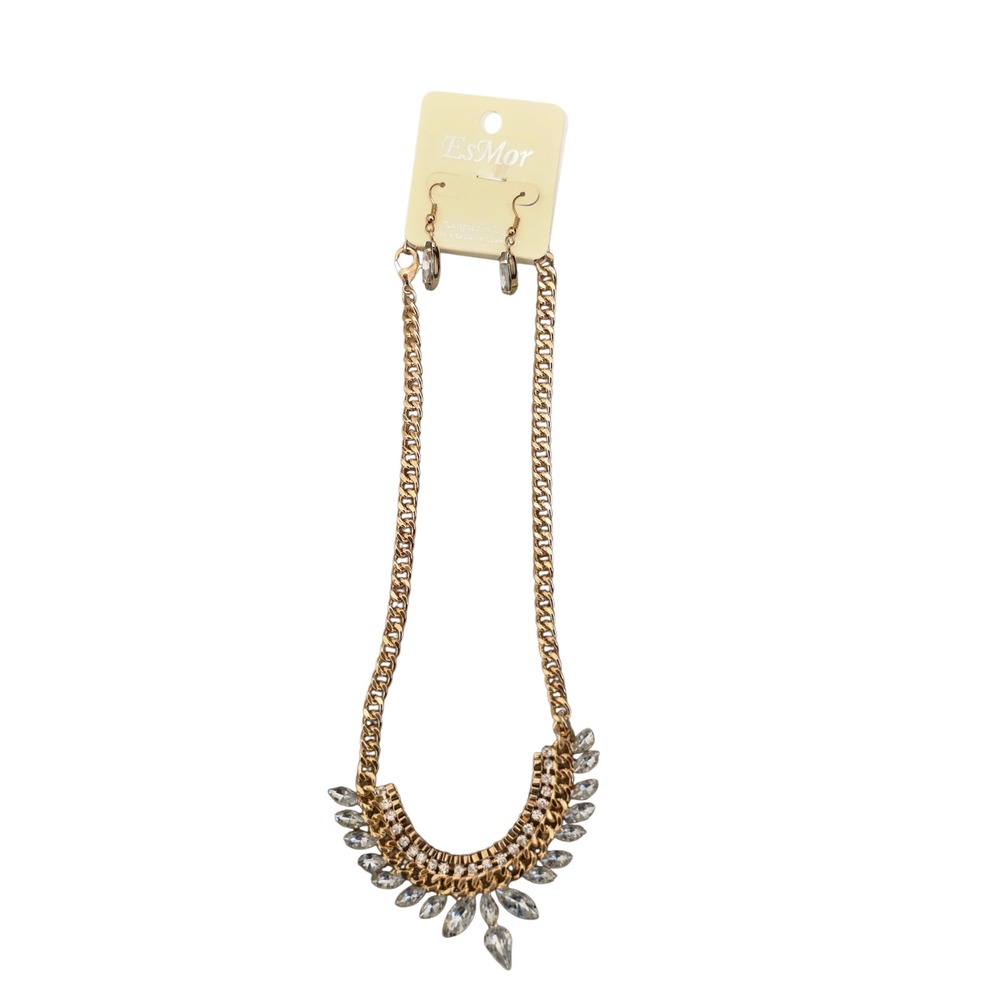 EsMor Gold Tone Crystal Statement‎ Bib Necklace and Drop Earrings Set BNE2262GD